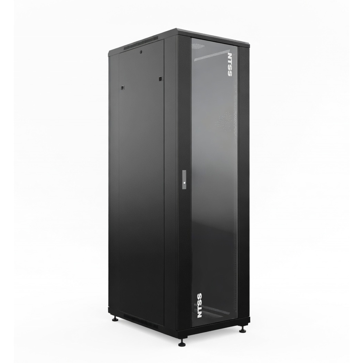 Напольный серверный шкаф 19" NTSS R 22U 600×600 мм, стеклянная передняя и металлическая задняя дверь, съемные боковые панели, регулируемые опоры, черный RAL 9005